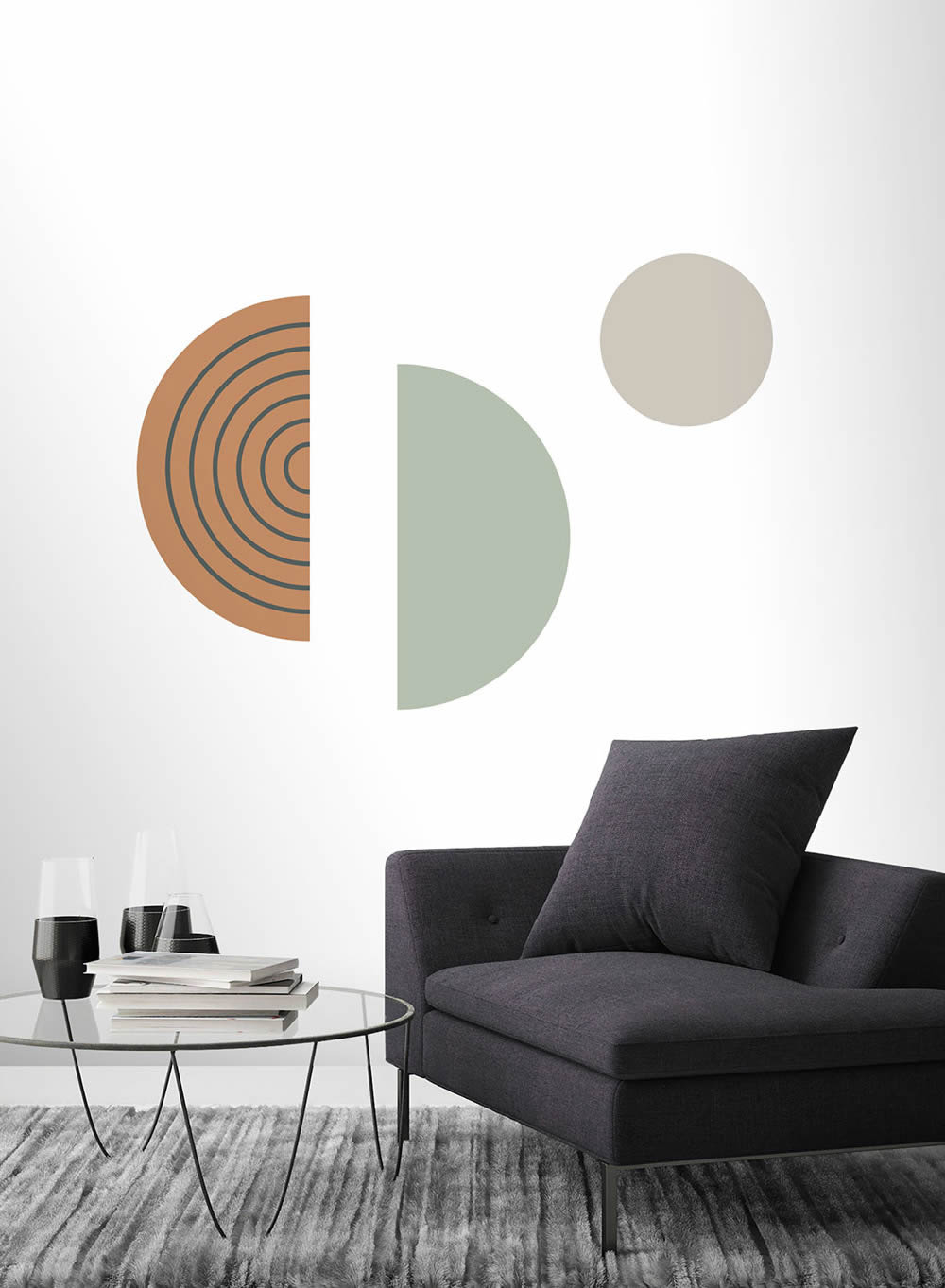 Wandbild 3-teilig mid-Century-Design Kreise vorgekleistert