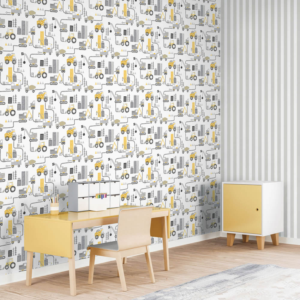 construction site pattern yellow and gray non-woven wallpaper Tiny Tots 2 Essener G78362-28-G78362.1M