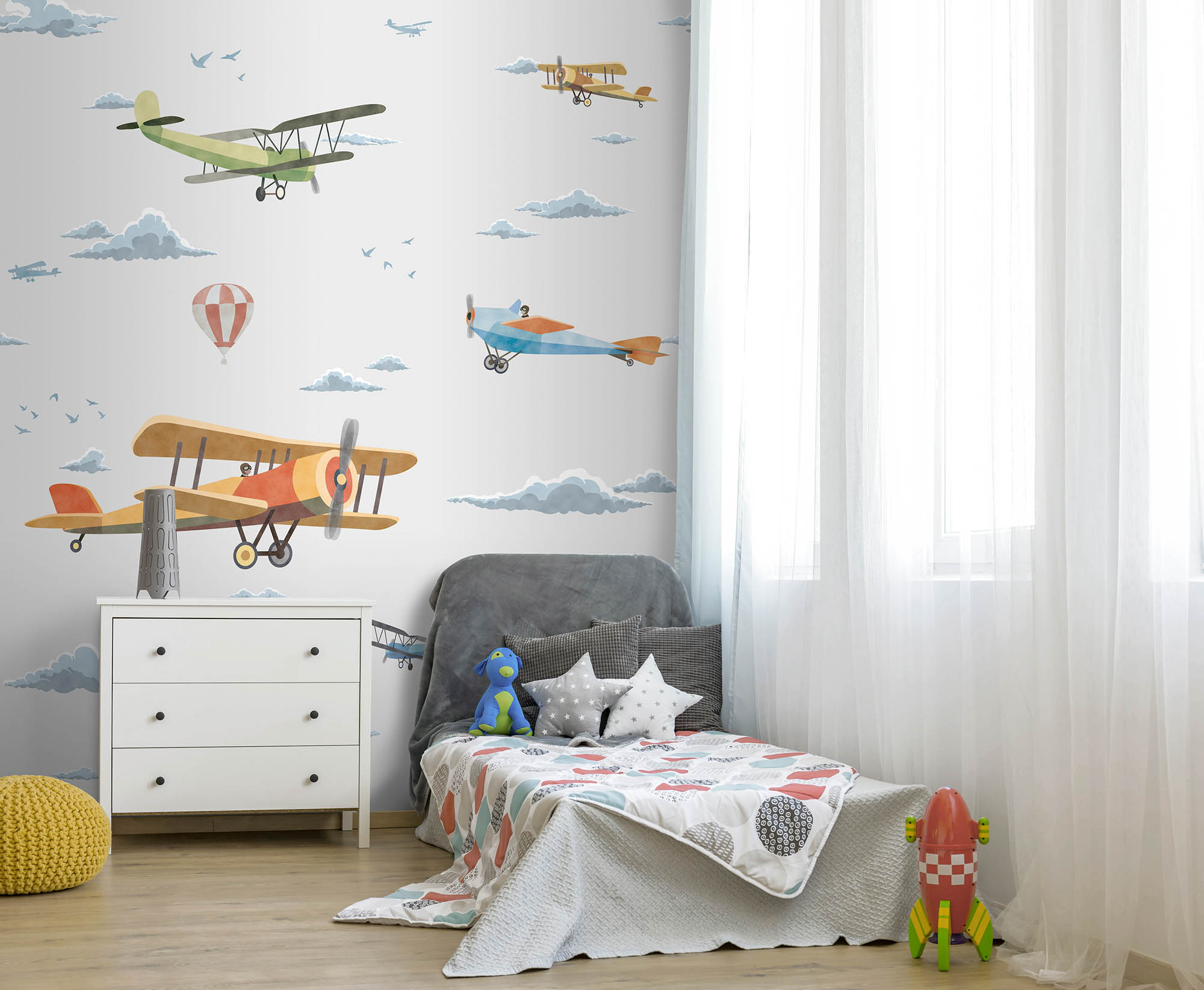 Wandbild Flugzeuge Doppeldecker Wolken grau