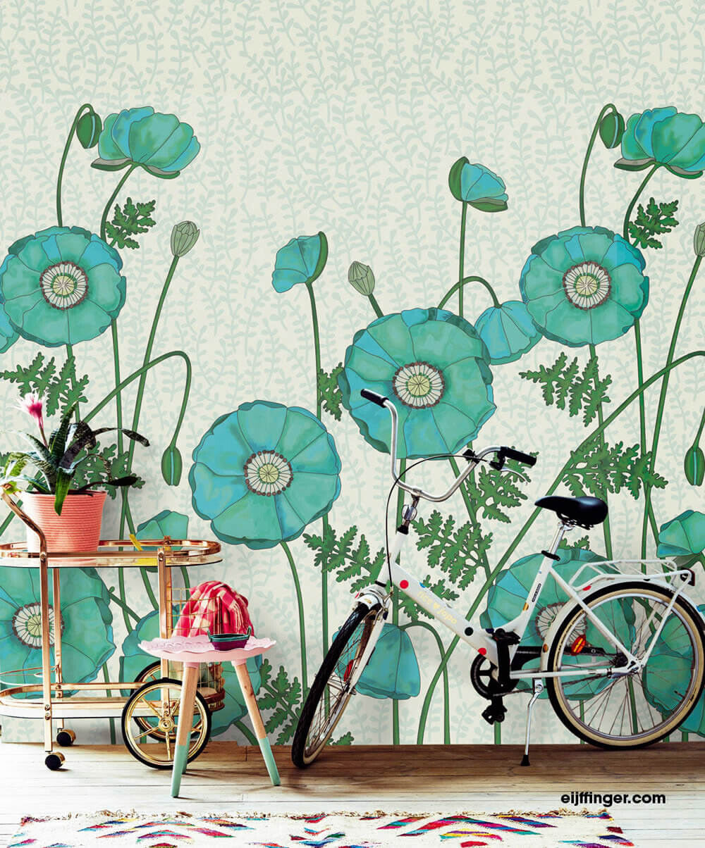 Wandbild Vlies Blau Grün Mohnblumen-55-383610