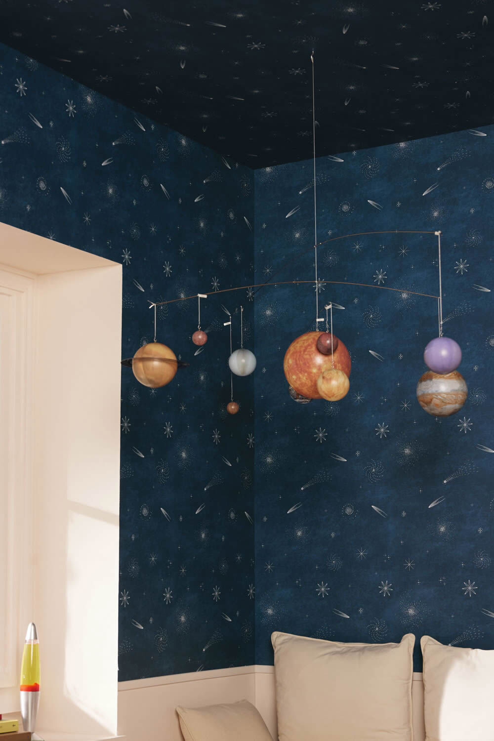 Universe shooting stars non-woven wallpaper dark blue rockets Les Minis Mondes Caselio MNM105696069