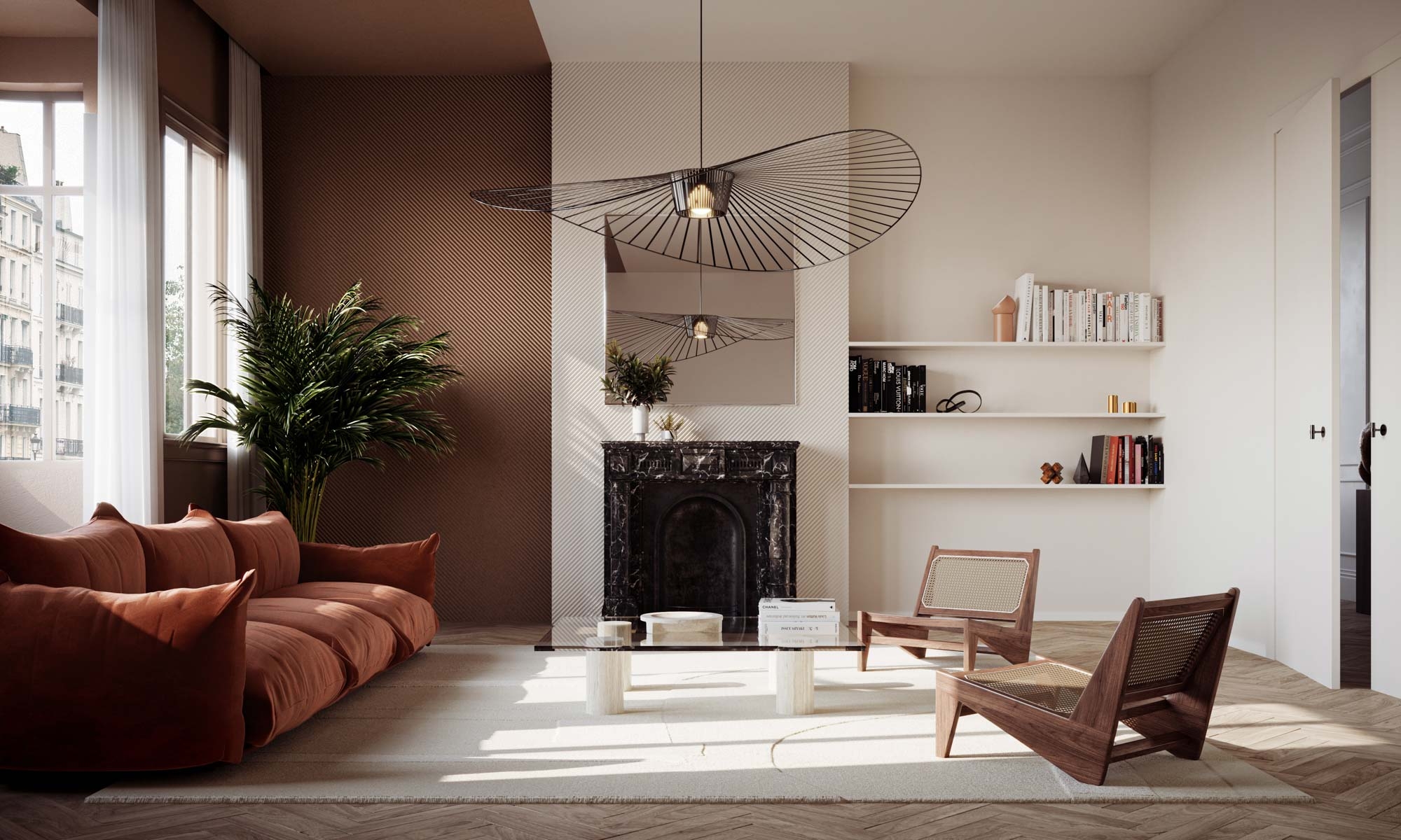 Living room wall design with diagonally mounted linear wall panels.