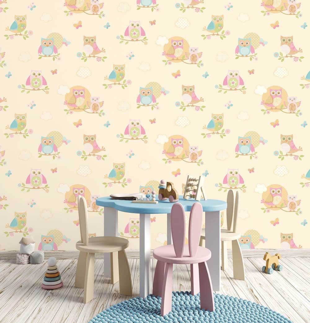 Non-woven wallpaper owls cream-28-G56035.1M