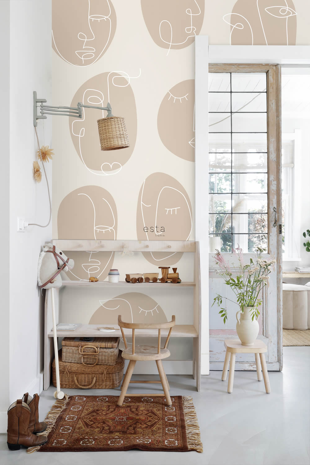 200 x 279 cm wall art abstract faces line art beige 159252