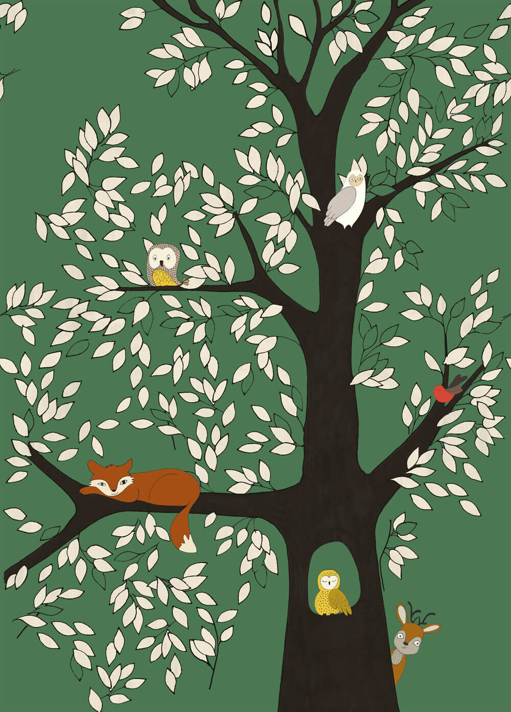 Wandbild Baum Fuchs Reh Vogel Eule Wald Dunkelgrün 557763-7-557763