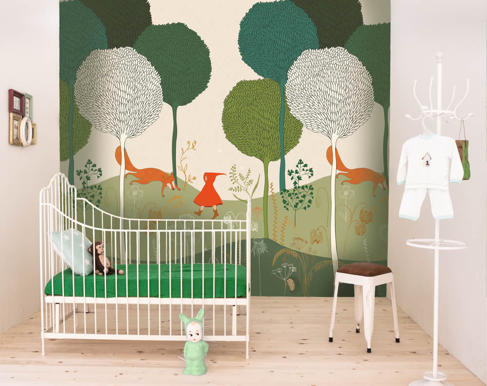 Wandbild Rotkäppchen Wald Märchen Fuchs Bäume grün 557480