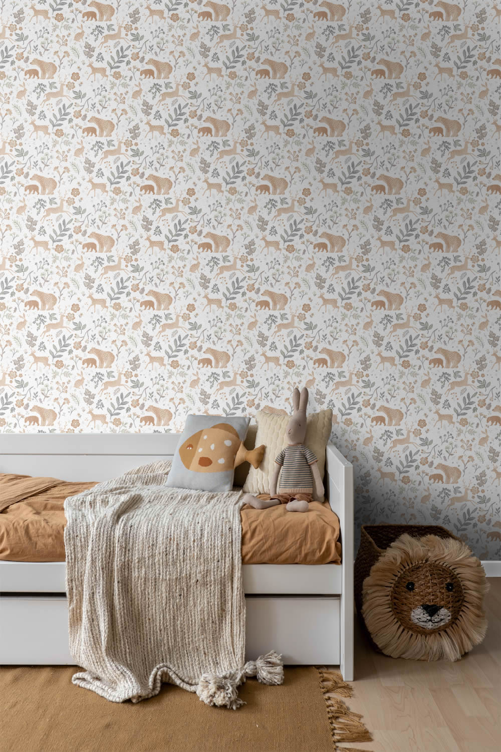 Vliestapete Waldtiere Pflanzen Bären Rehe braun grau 139585