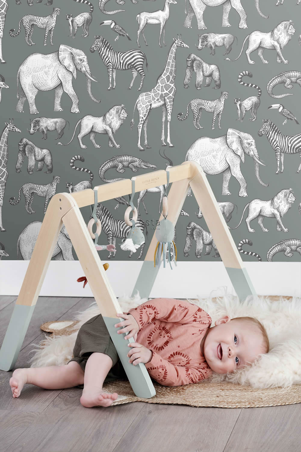 Tapete afrikanische Tiere Zeichnung Vlies petrol 139513