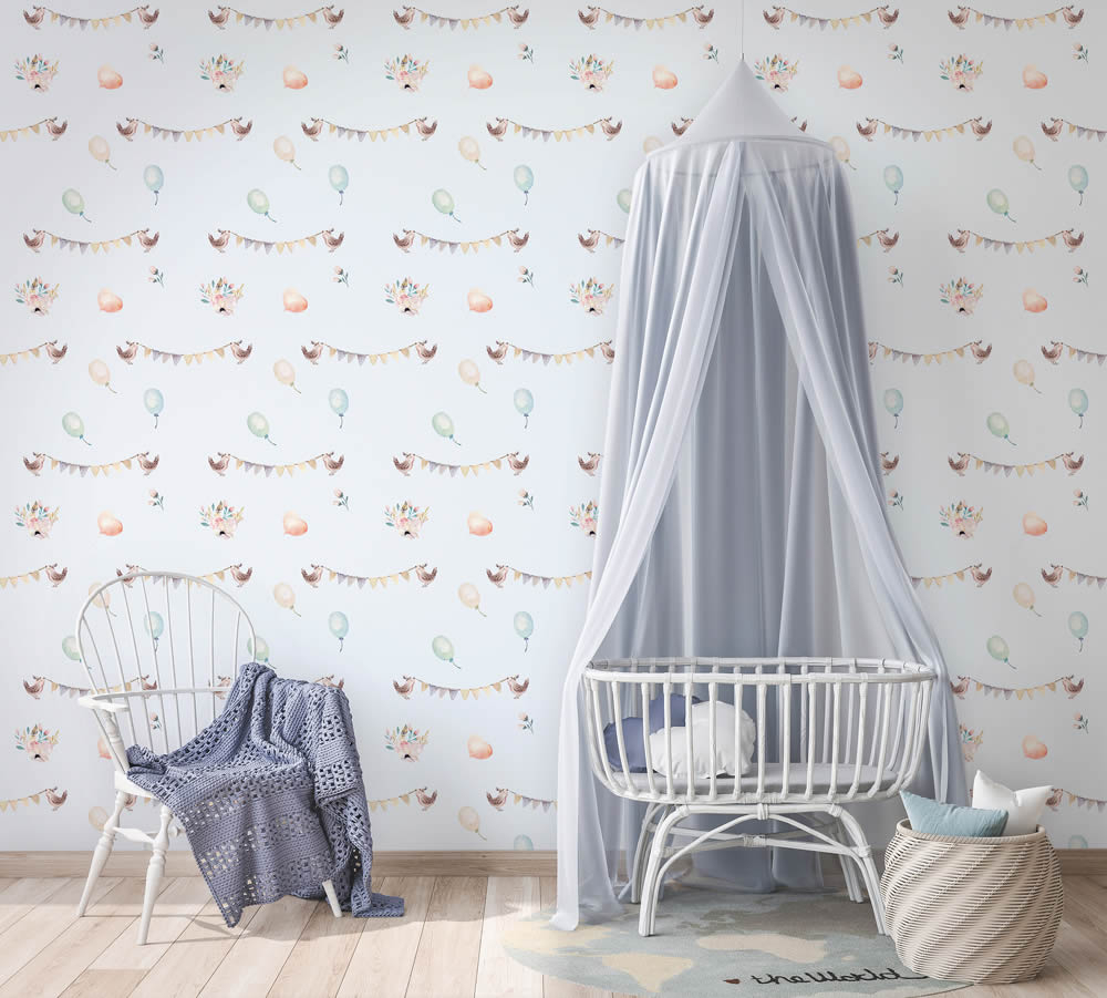 Blumen und Vögel Tapete hell blau und bunt Kids Walls 45892