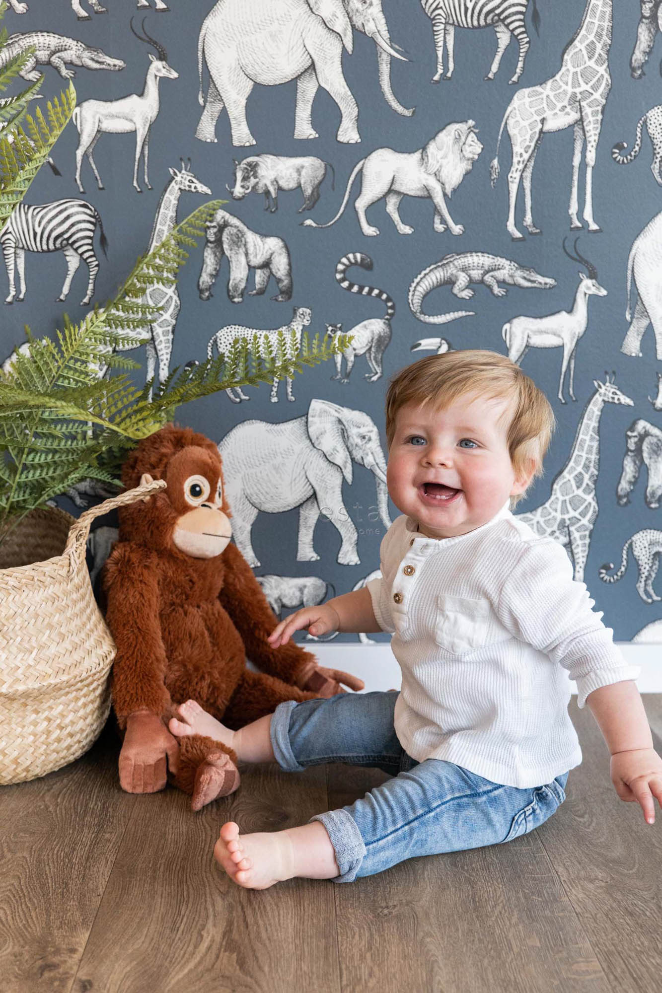Safarietiere Tapete Giraffe Elefanz Zebra Vlies vintageblau 139272