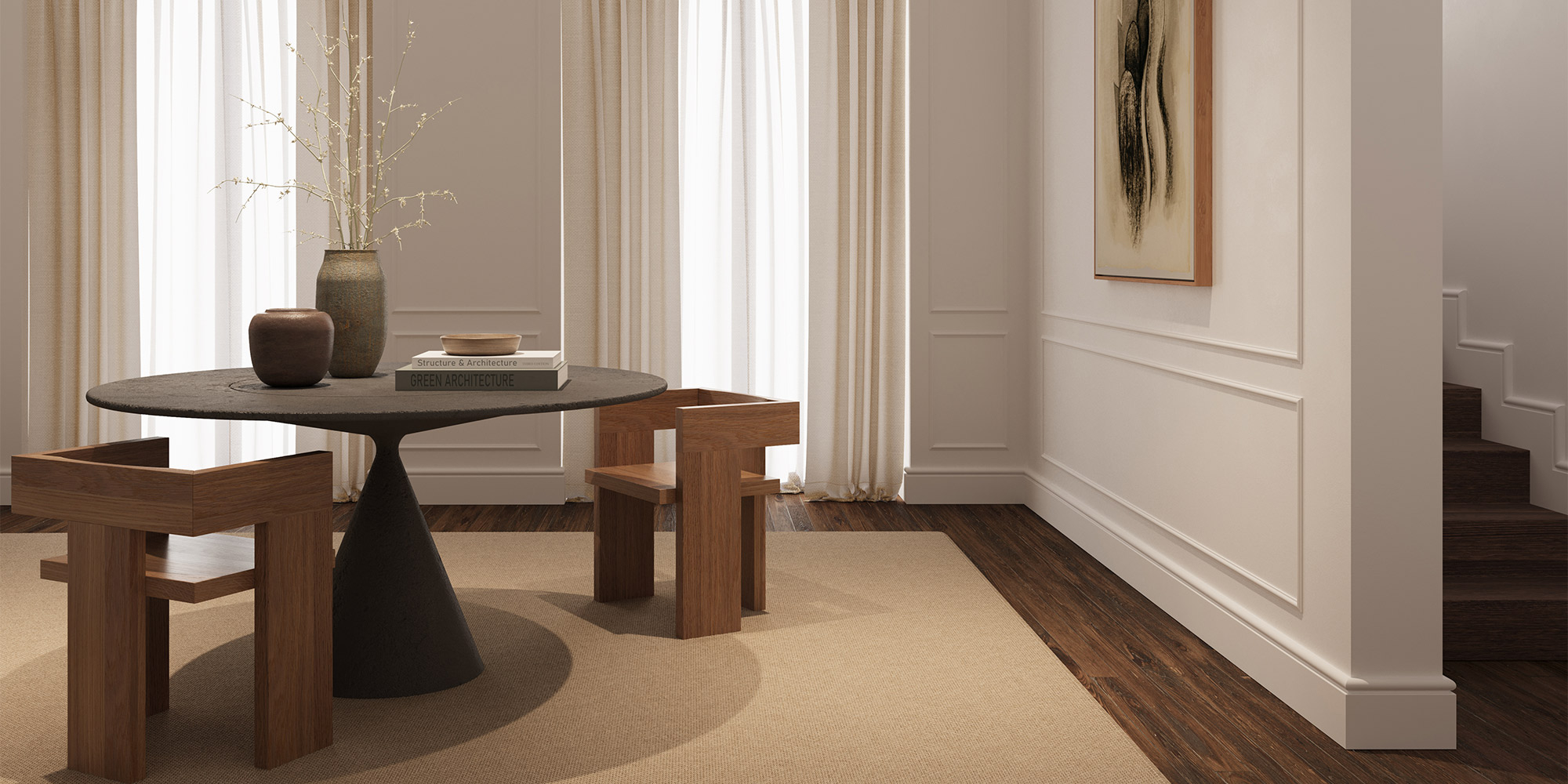 Wanfelder aus Wandleisten für einen sehr klassischen Look im Esszimmer.