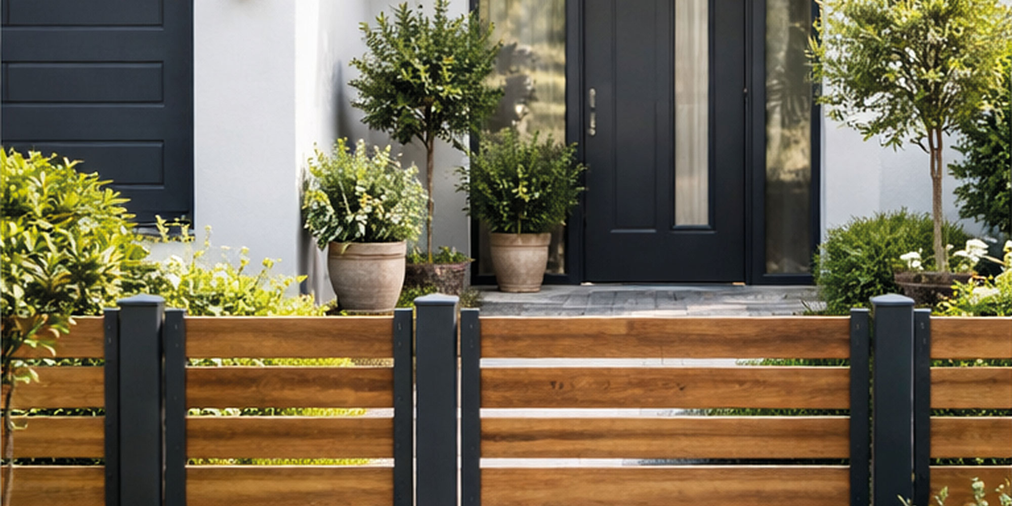 Dunkle Haustür hinter Holz Lattenzaun mit Pflanzen und Eingangsweg
