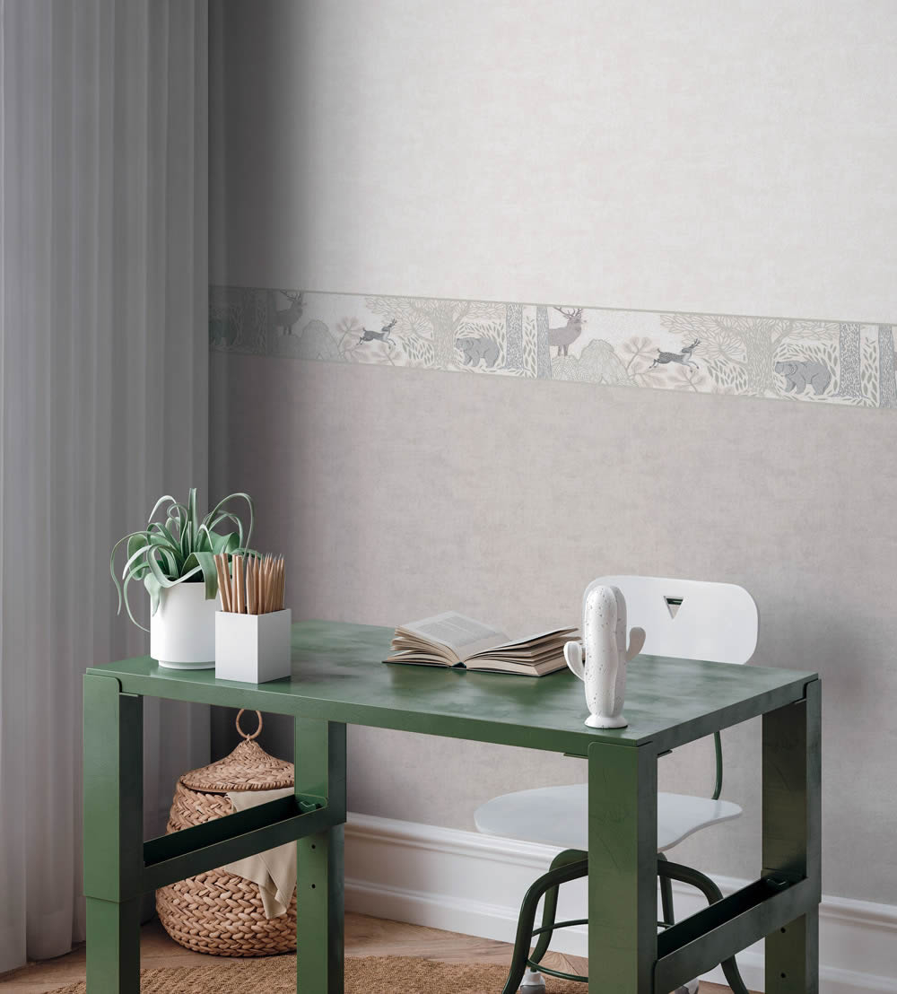 Bordüre Wald Waldtiere Reh Bär Hirsch beige Bäume 771752-8-771752