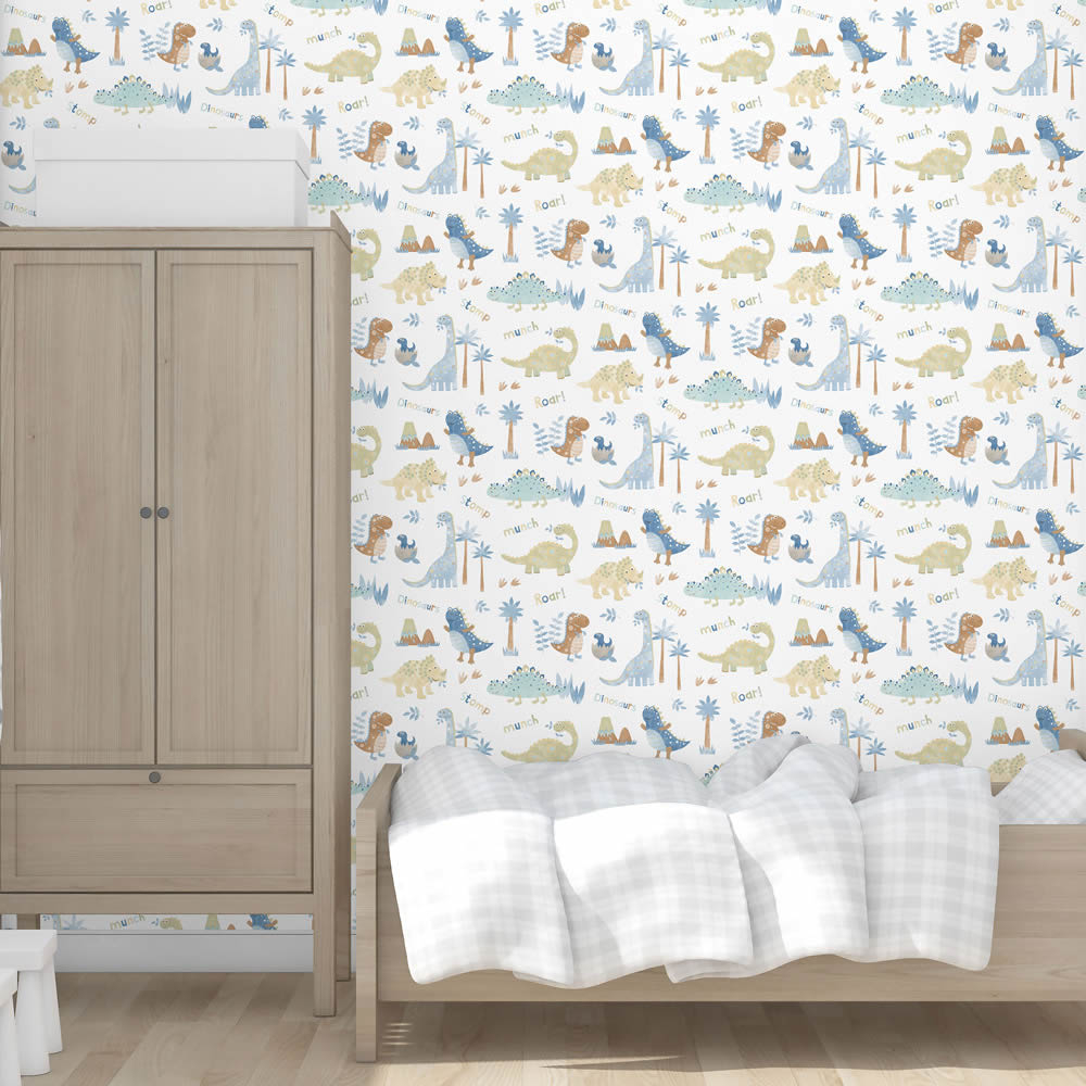 palm trees and baby dinos dinosaurs wallpaper white and blue Tiny Tots 2 Essener G78363-28-G78363.1M