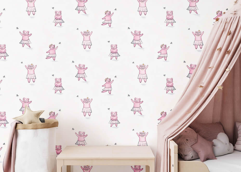 Pattern wallpaper happy pig dancing pink ivory 27571-HTM