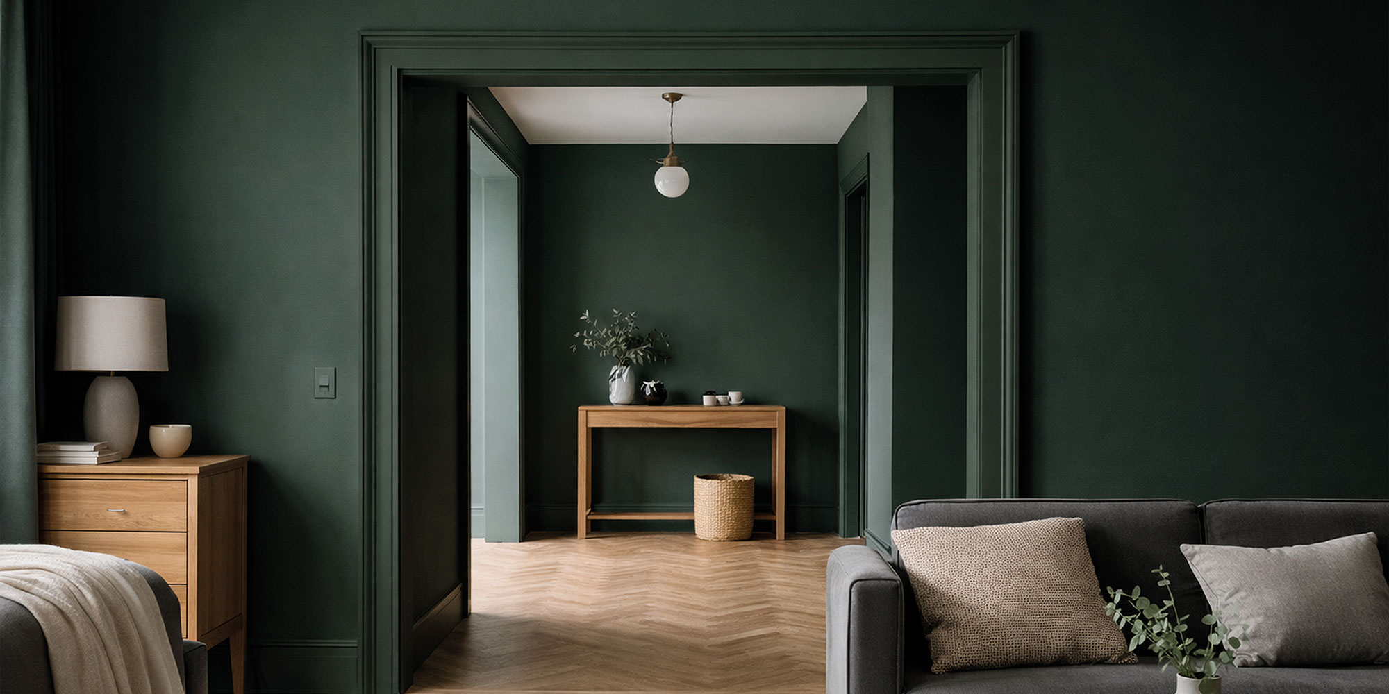Durchgang und grüner Türzarge im selben Farbton wie die Wand
