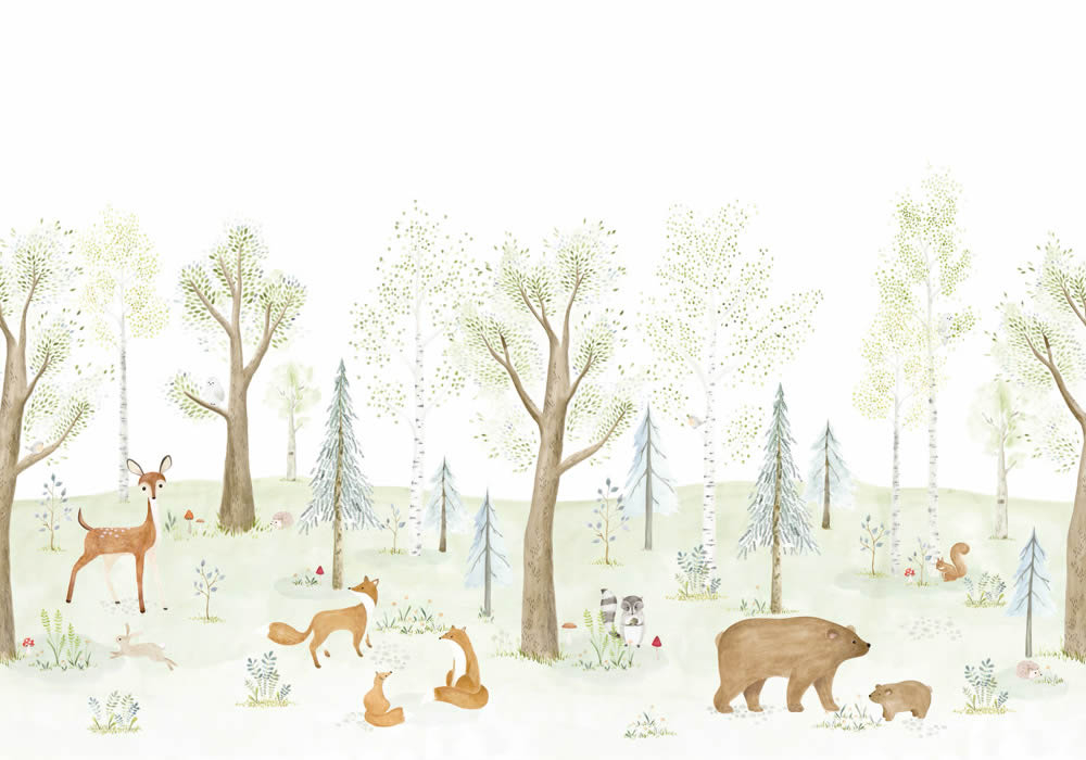 Wandbild 4,00 x 2,80 m Wald Reh Füchse Bärenfamilie pastellfarben