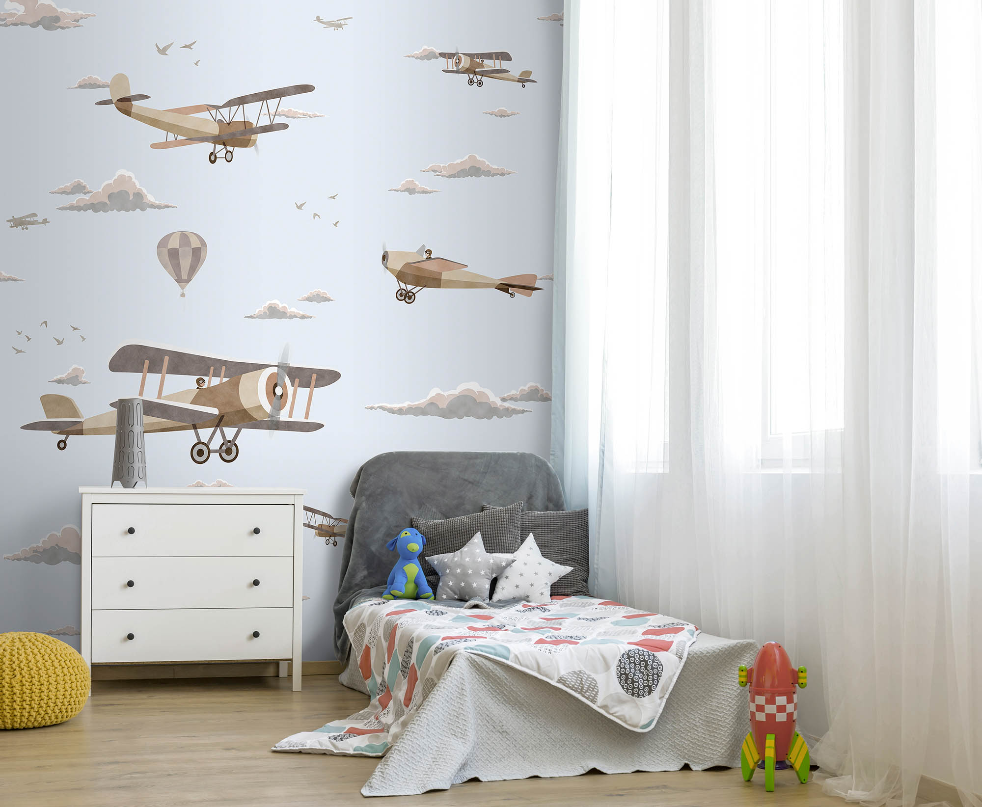 Flugzeug Wandbild Doppeldecker Wolkenhimmel blau
