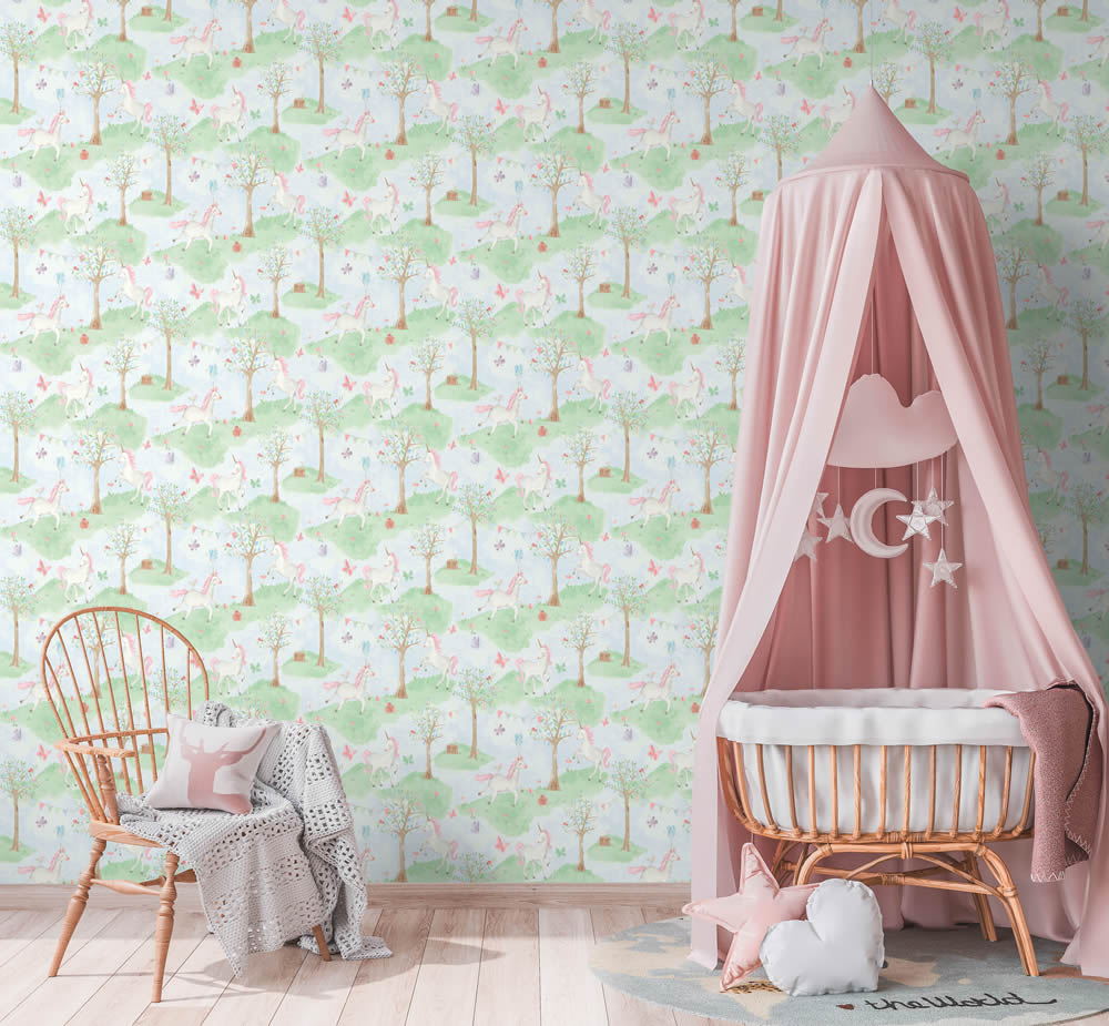 Einhörner im Wald Tapete grün und blau Jack n Rose Grandeco JS2002