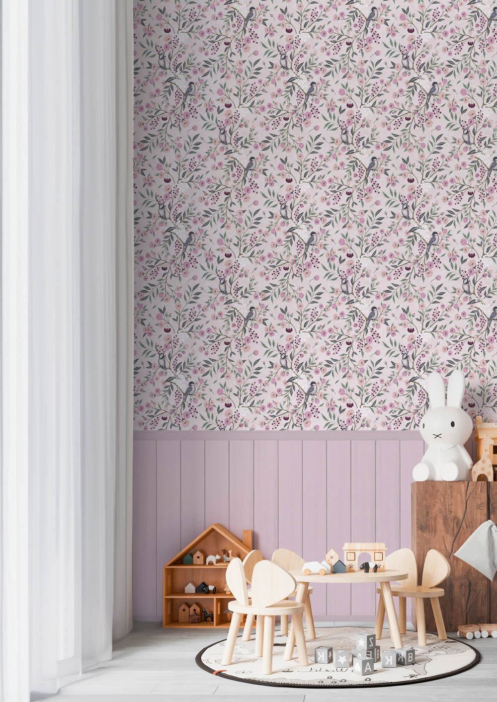 Wandbild Vlies oben Blumenmuster unten Holz Blüten rosa 770741-8-770741