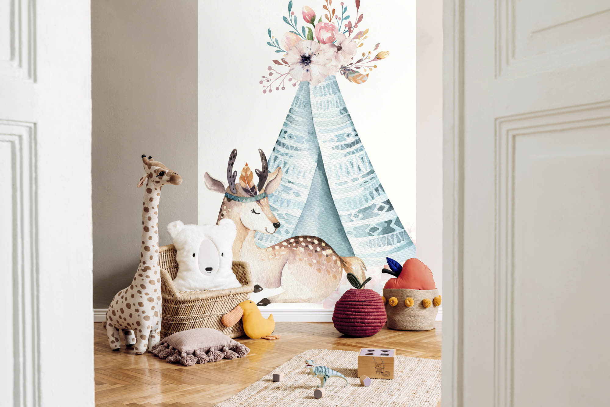 Boho Wandbild 3 Bahnen Reh und Indianerzelt pastellblau