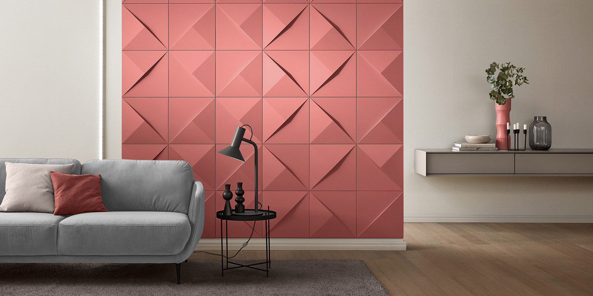 Ein modernes Wohnzimmer mit grafischen 3D Paneelen für die Wände.