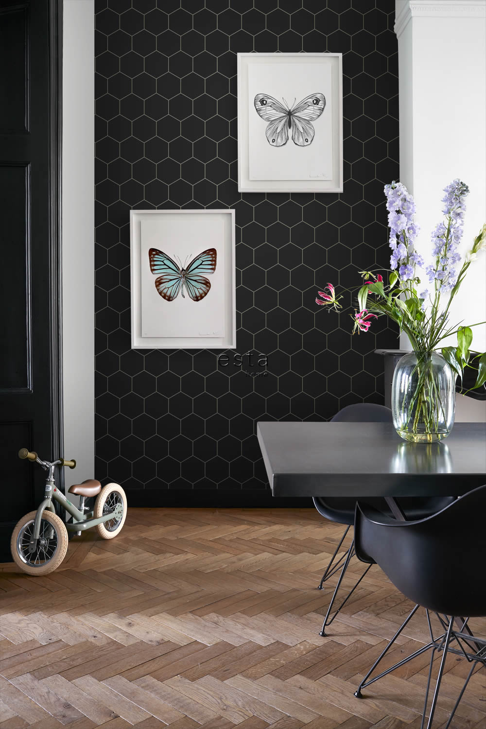 Non-woven wallpaper minimalist honeycomb pattern black 139313