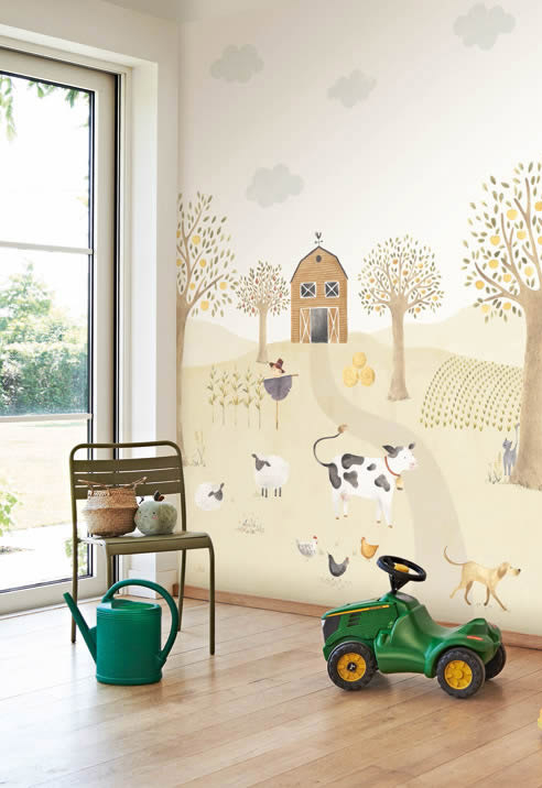 Wandbild 2,00 x 2,80 m Bauernhof Kuh Scheune Hühner Felder Bäume Hund