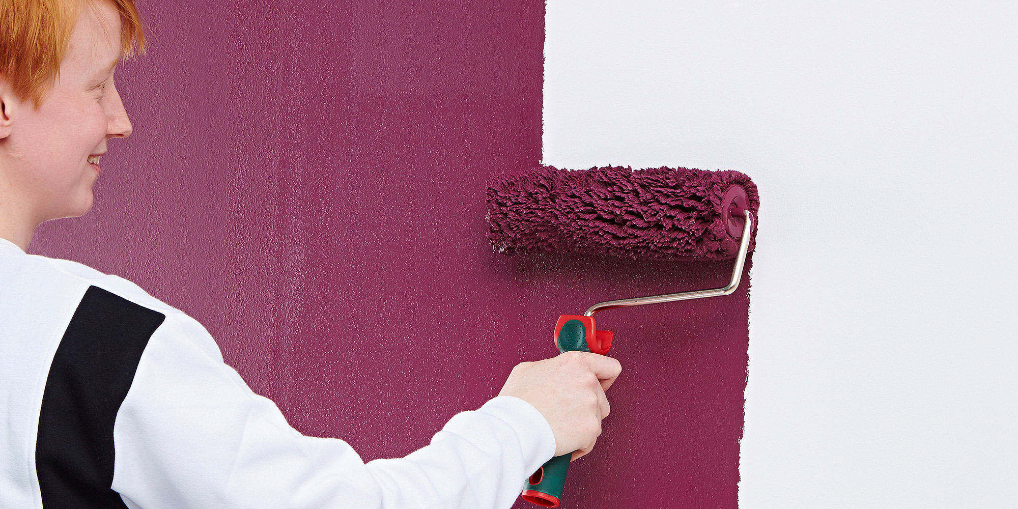 Maler trägt Vollfarbe mit Farbrolle auf eine violette Wand auf, Beispiel für Abtönung und Deckkraft