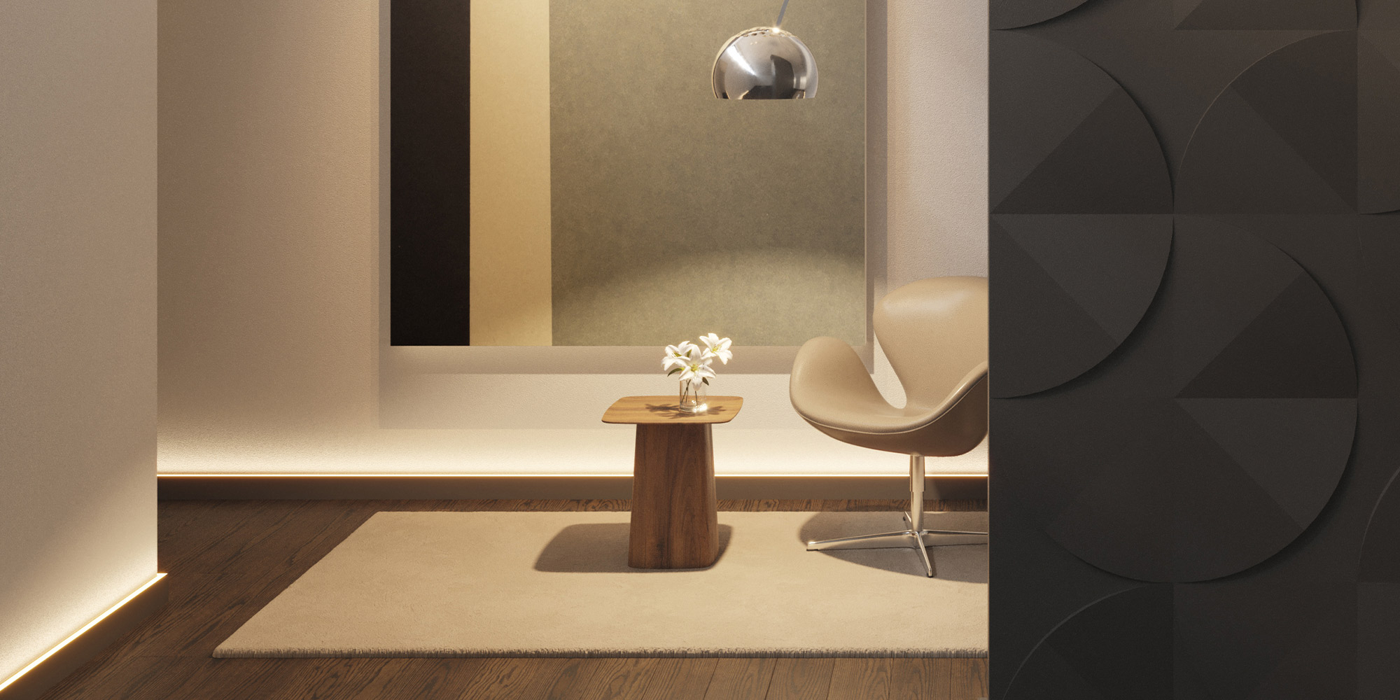 Schwarze Stuckleisten mit indirekter Beleuchtung für besondere Lichtakzente in einem modernen Wohnzimmer.