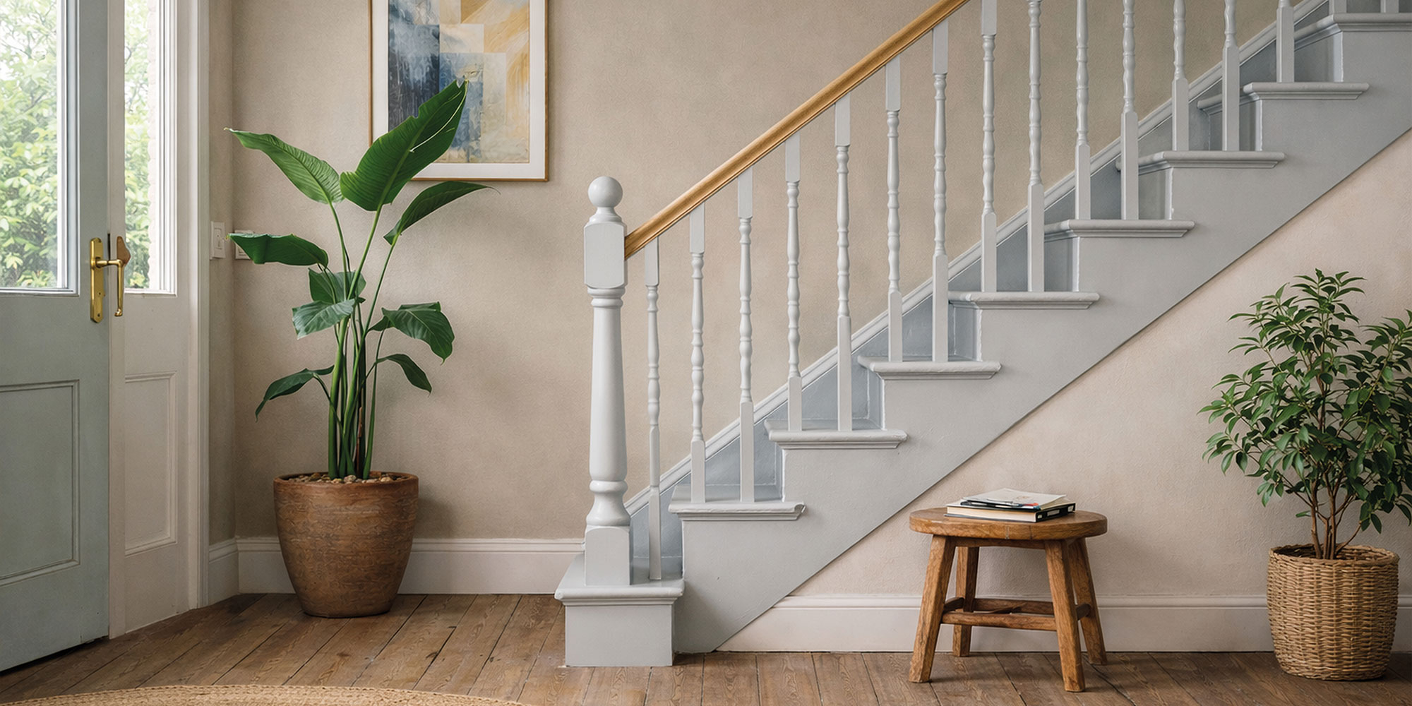 Graue Holztreppe im Flur vor salbeigrüner Wand mit großer Zimmerpflanze