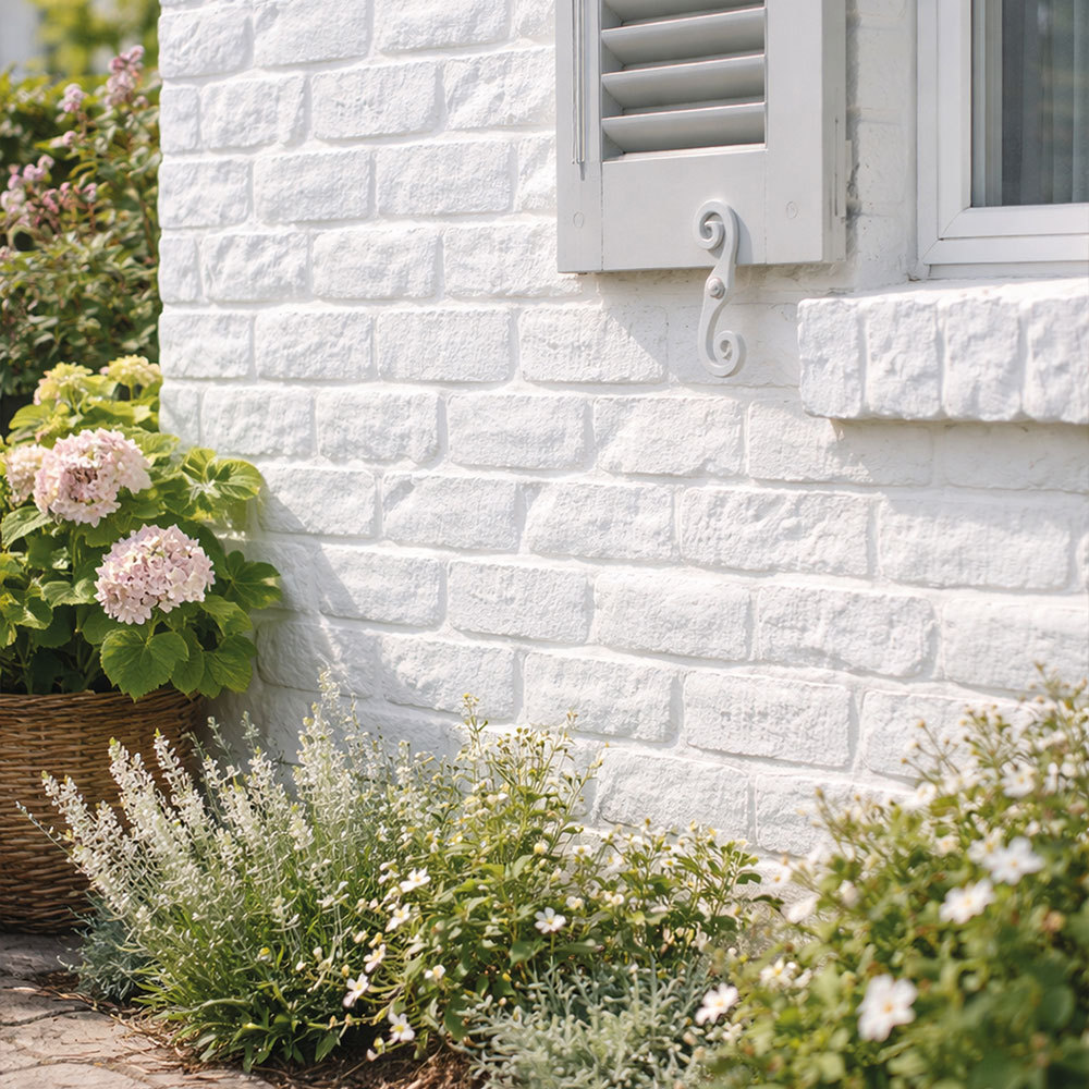 Eine weiße Hauswand aus Steinen in weiß gestrichen