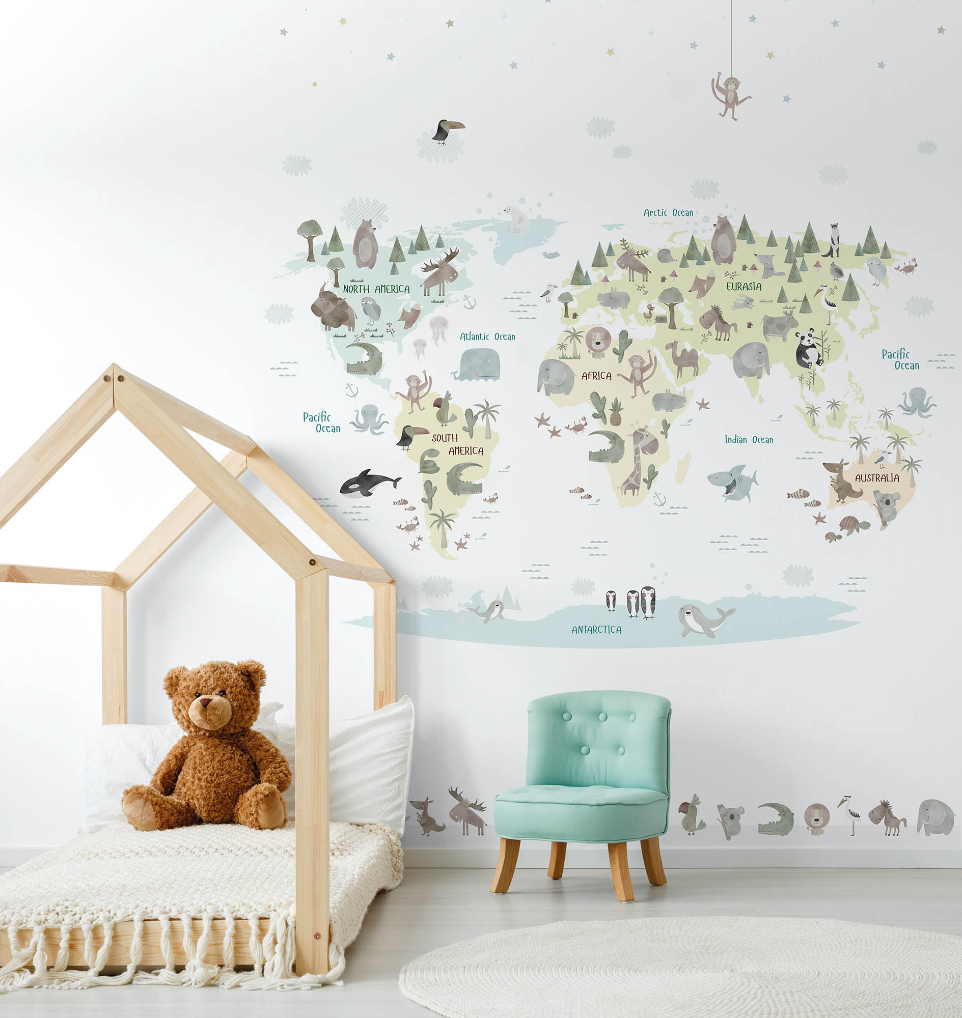 Weltkarten Wandbild Tiere naturfarbend weiß