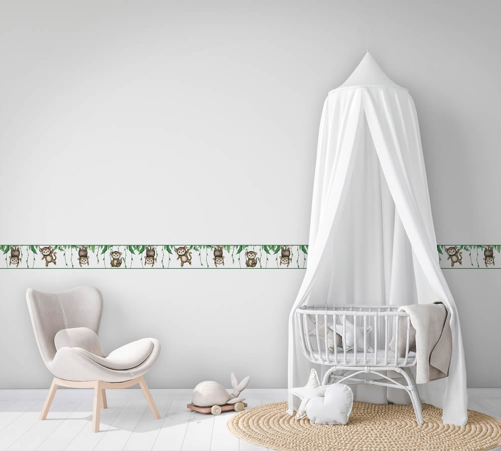 Weiß braun und grüne Borte hängende Affen Kids Walls Marburg 45854