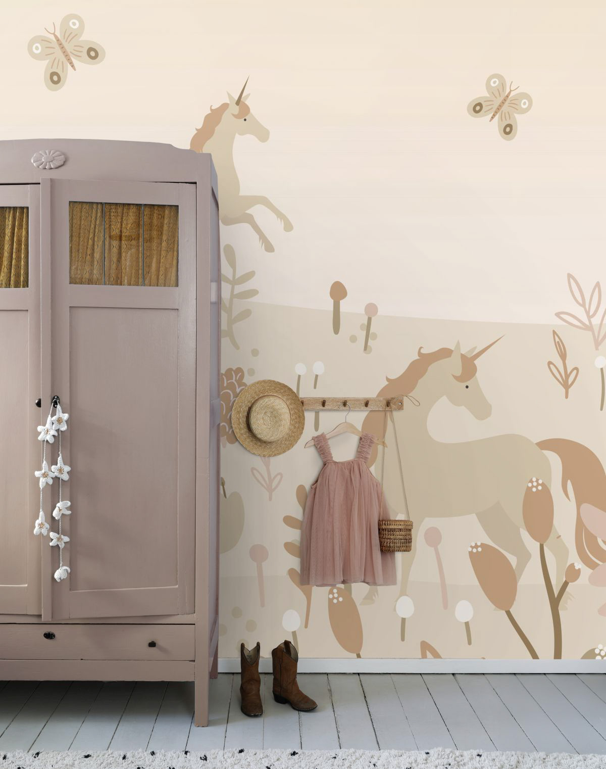 Wandbild magische Einhörner Märchentapete 5 Bahnen beige