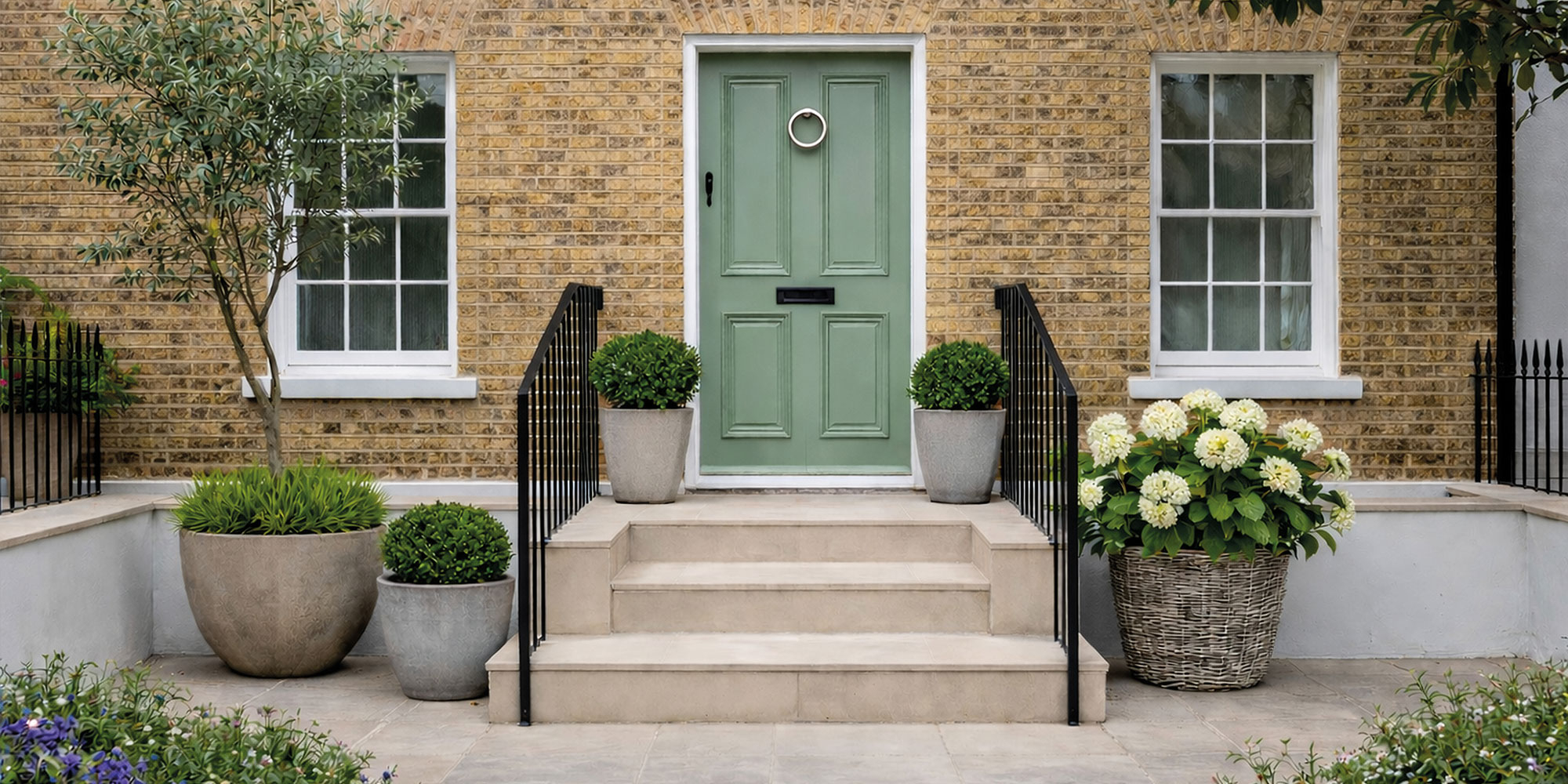 Grüne Haustür an Backsteinfassade mit Treppe, Geländern und Pflanzkübeln