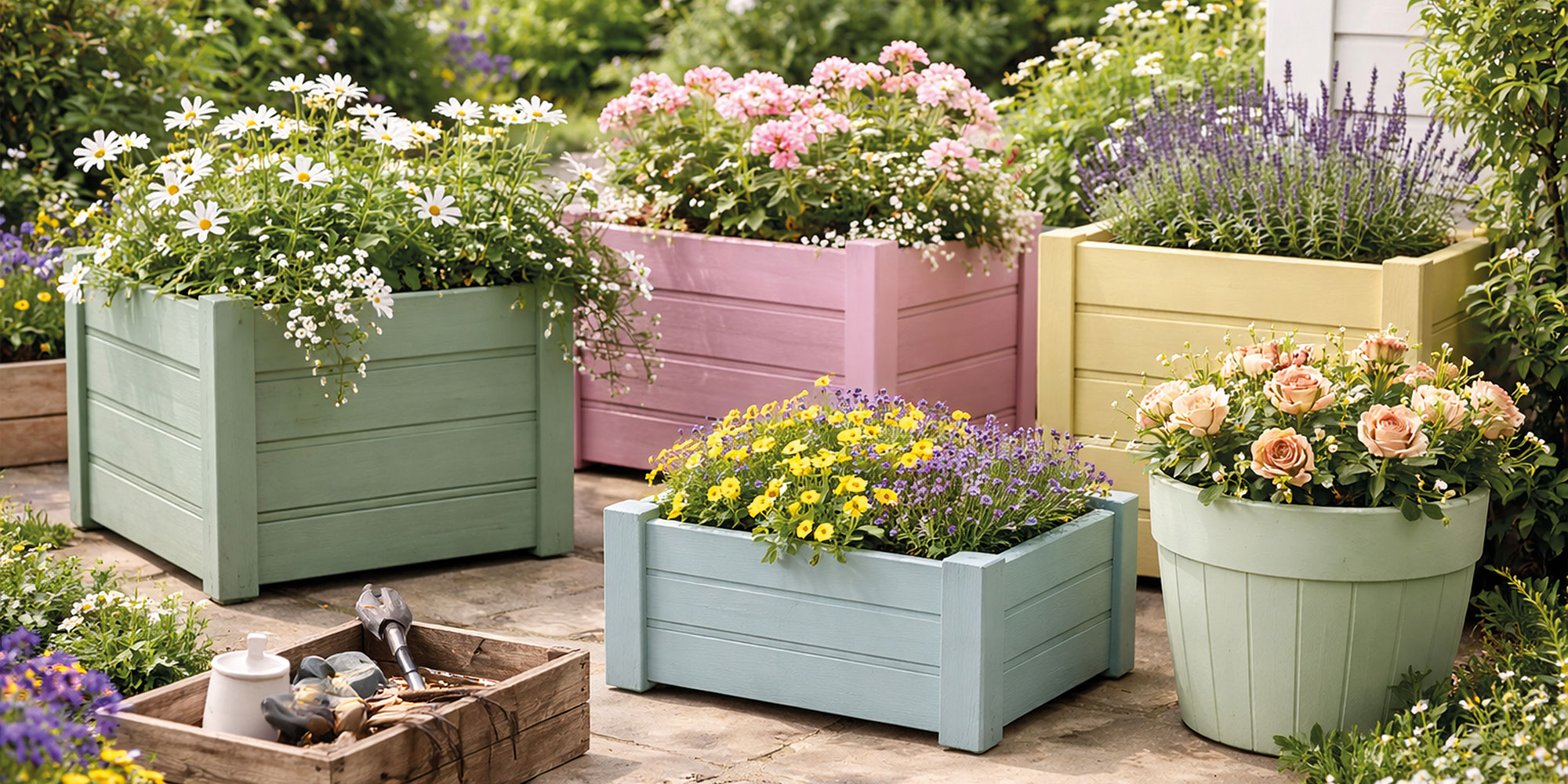 Pastellfarbene Blumentöpfe und Gartengeräte auf Kies als DIY Farbidee