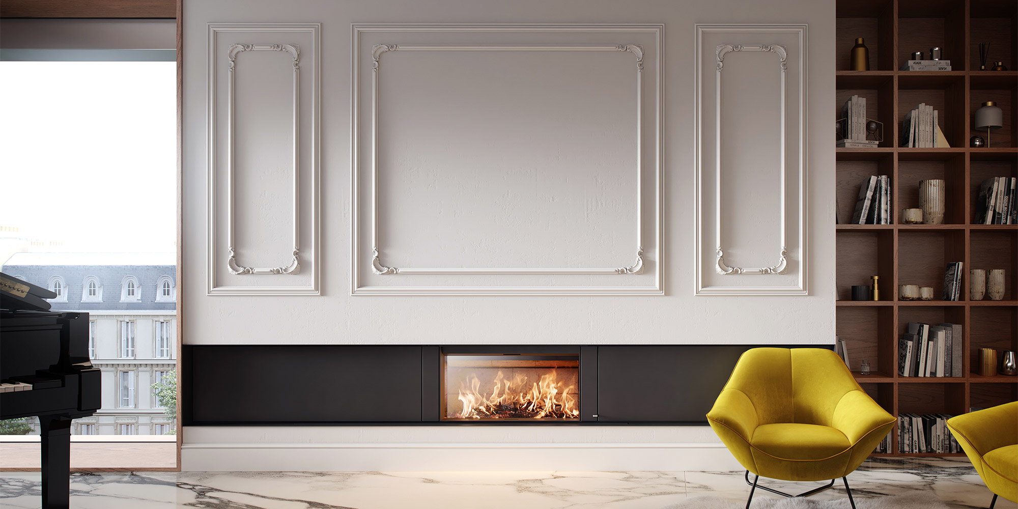 Stilvolle weiße Wandgestaltung mit klassischen Wandleisten und Zierprofilen.