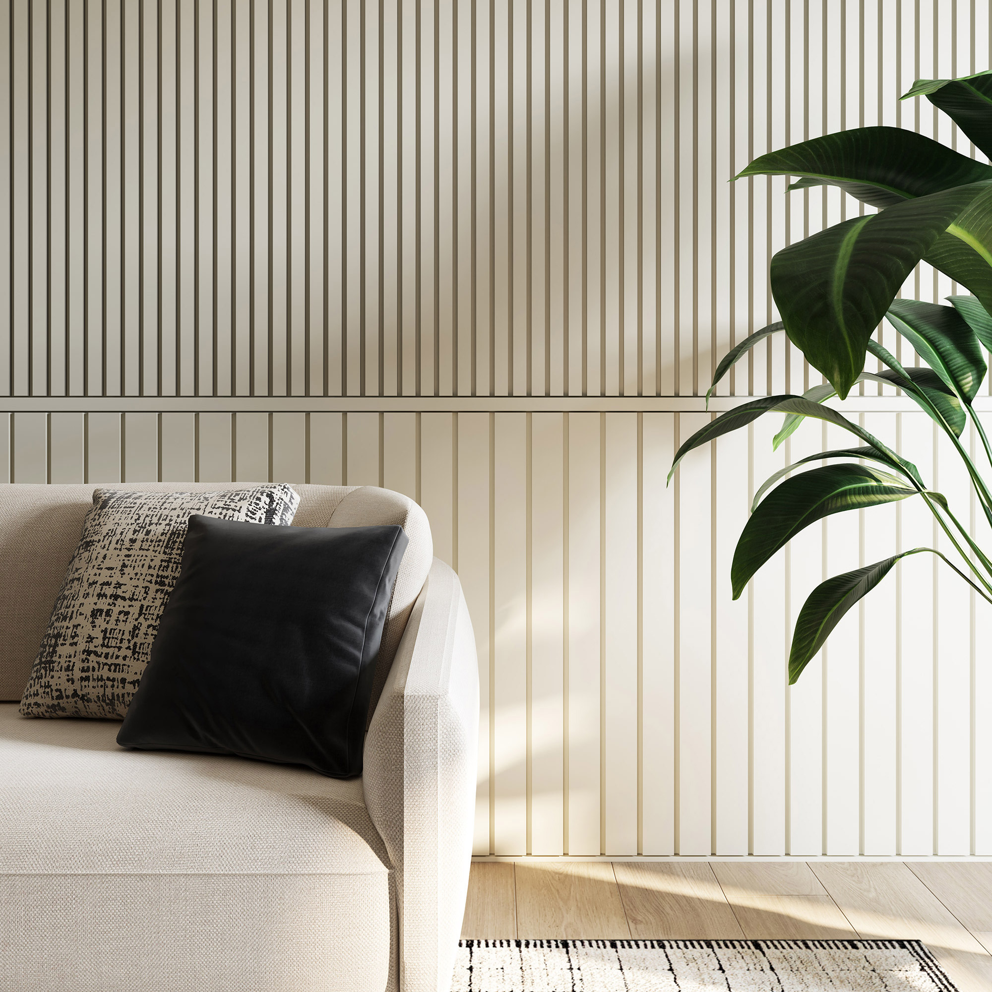 Schmale und breite Stuckpaneele miteinander kombinieren für ein Wohnzimmer im Landhauslook.