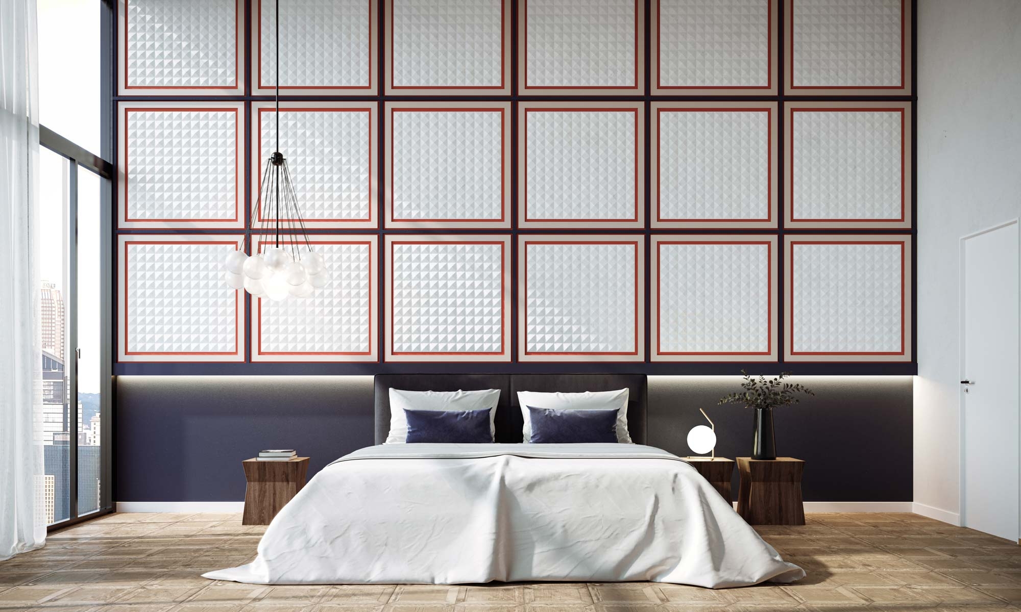 Creative wall design in the bedroom with a combination of three-dimensional wall panels and modern LED strips.