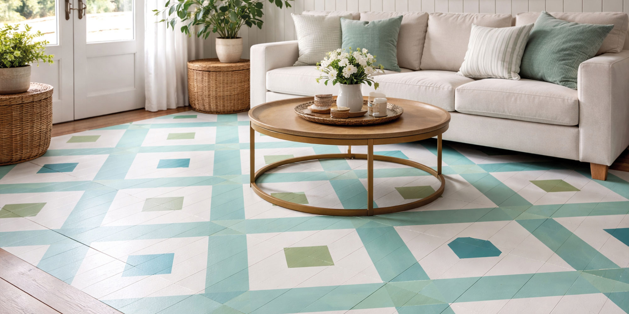 Geometrisch gestrichener Boden in Mint und Türkis mit Rautenmuster, Detail am Tisch