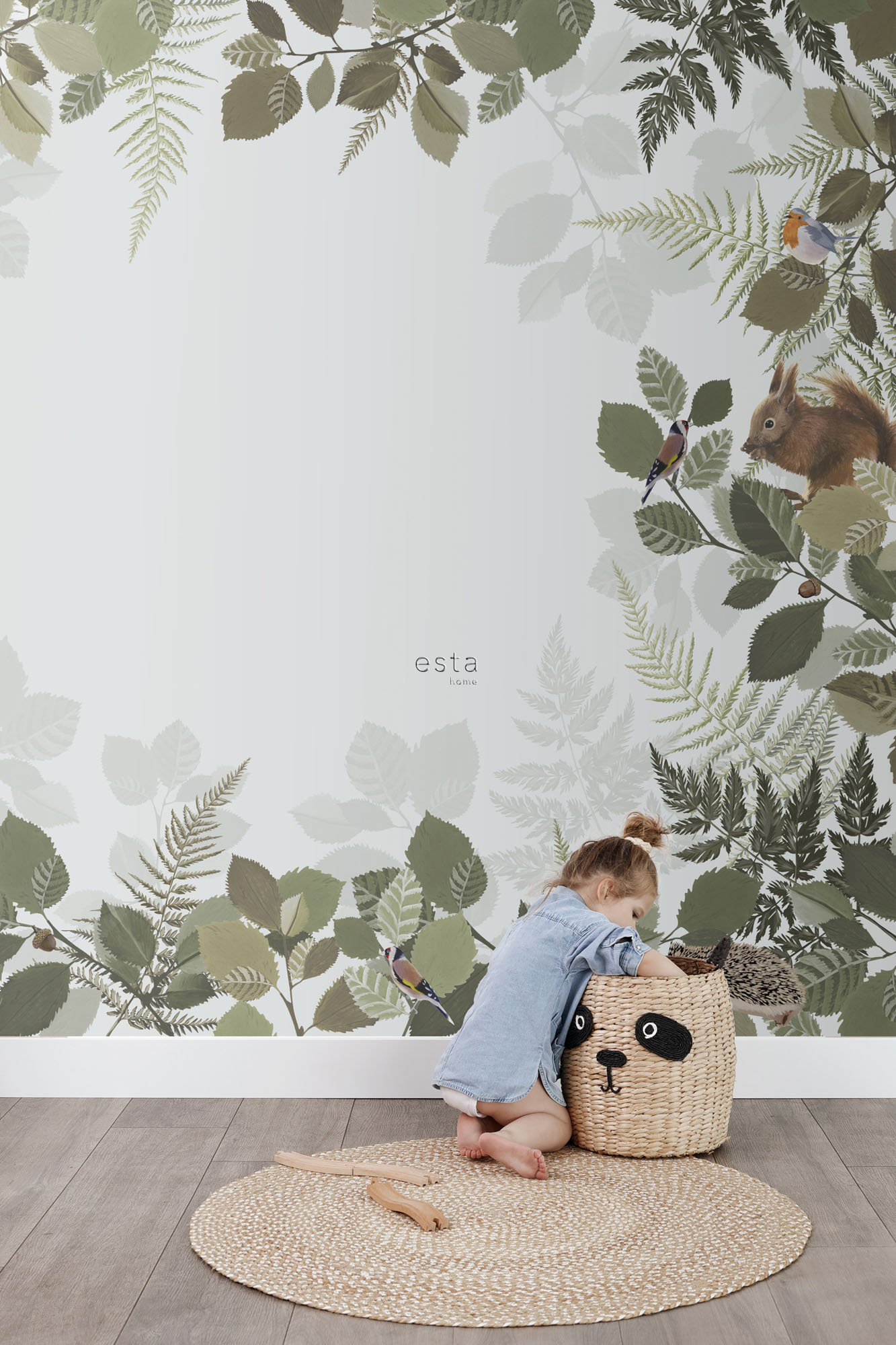 Wandbild Waldtiere Blätter grau grün 300 x 279 cm 159100