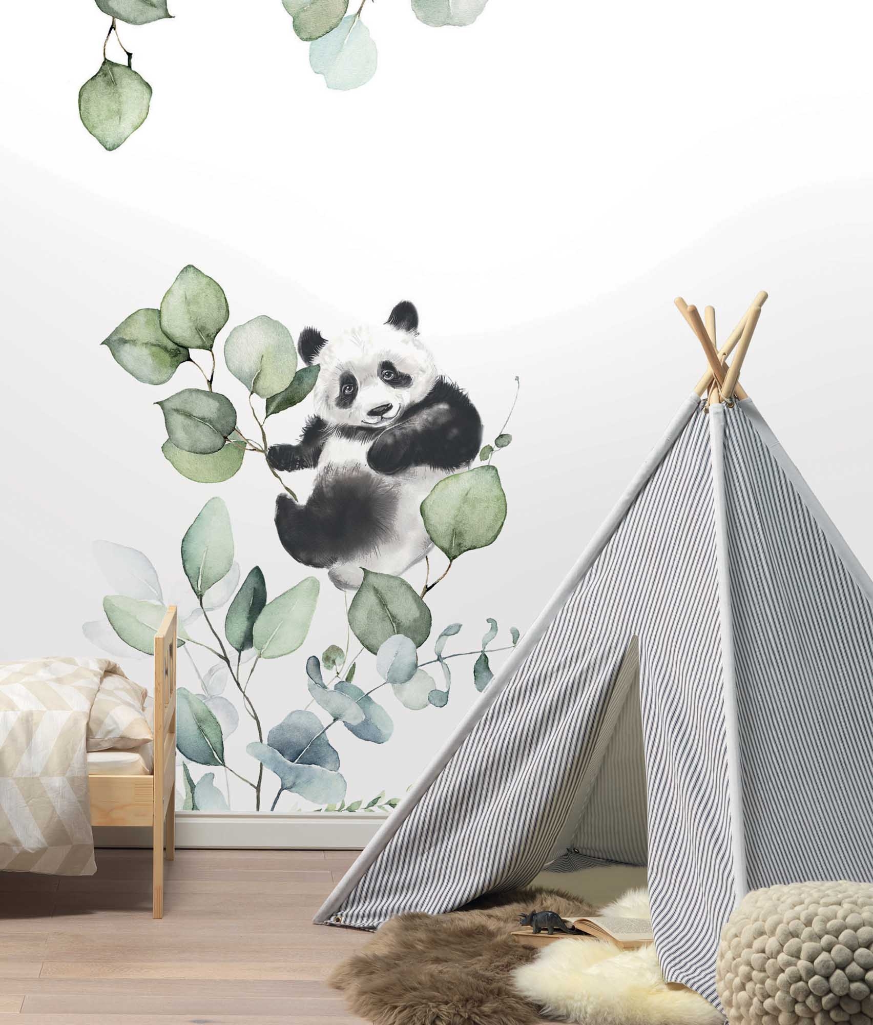Eukalyptus Wandbild 3 Bahnen kleiner Pandabär Vlies weiß mint
