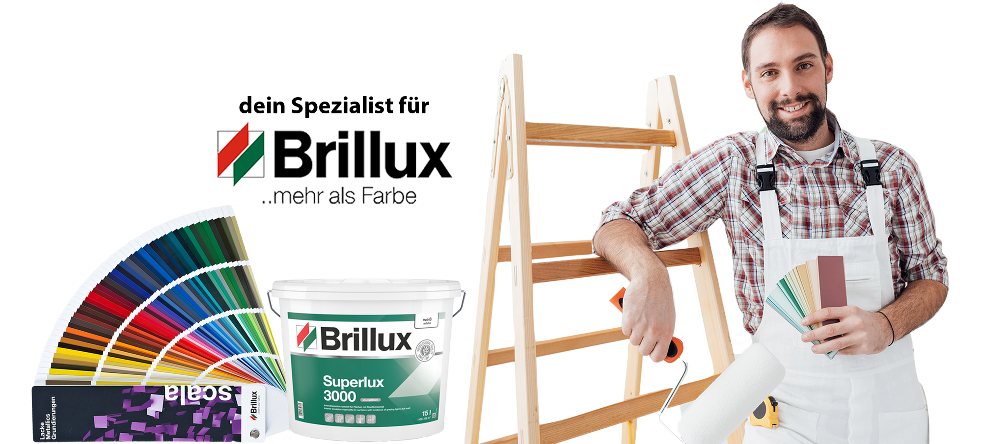 Brillux Partnermotiv mit Farbfächer, Superlux 3000 Eimer, Leiter und Maler mit Lackrolle