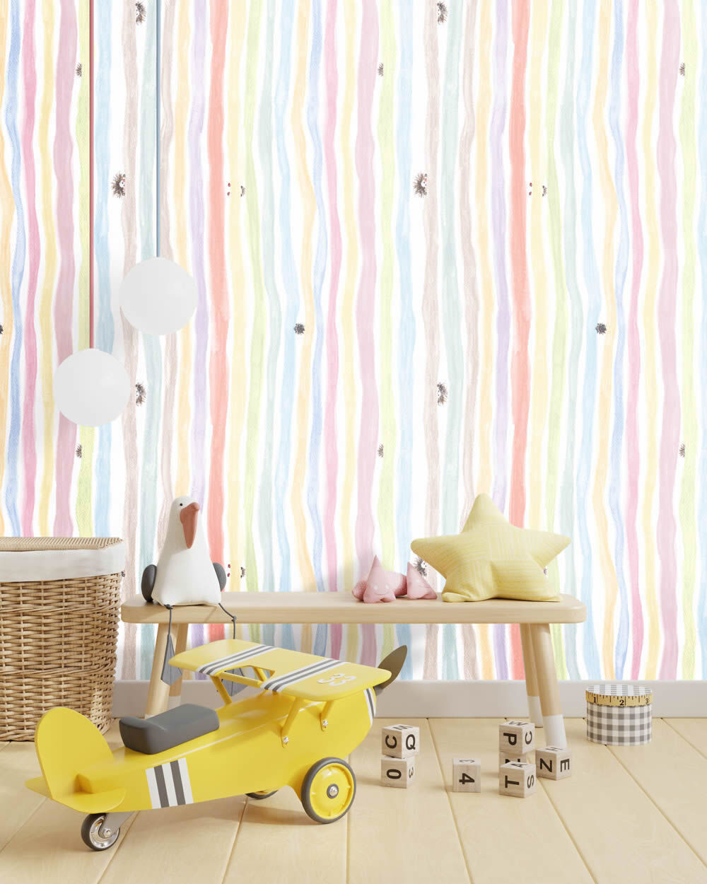 Stripes rainbow pastel non-woven wallpaper gnome yellow orange green 27552-HTM