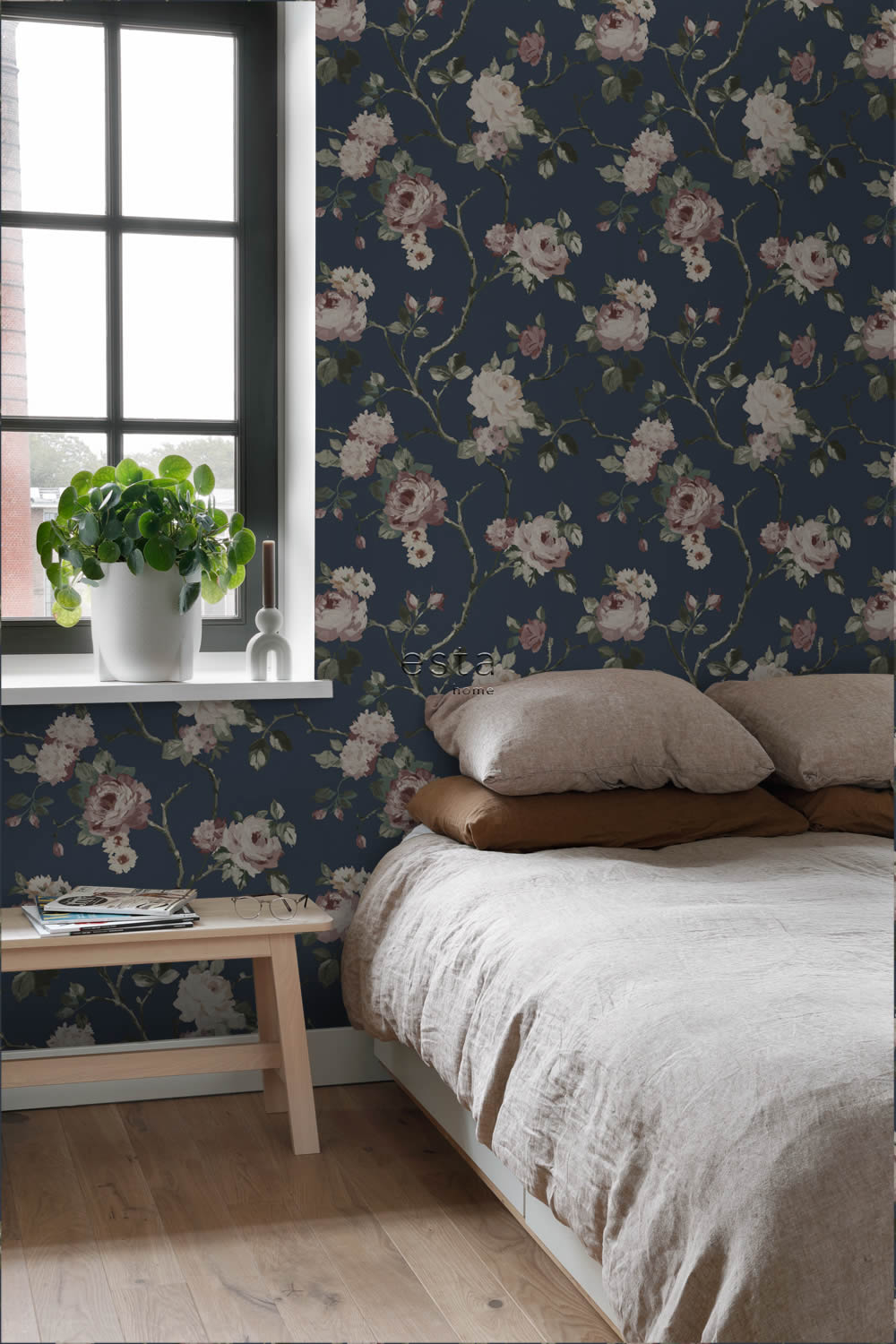 elegante Blumentapete Rosenblüten dunkelblau Vlies 139409