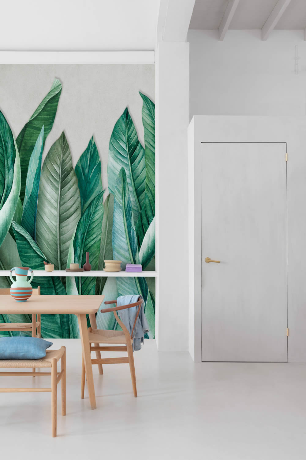 Wandbild 1,59 x 2,80 m große Blätter Pflanzentapete grün grau A39501
