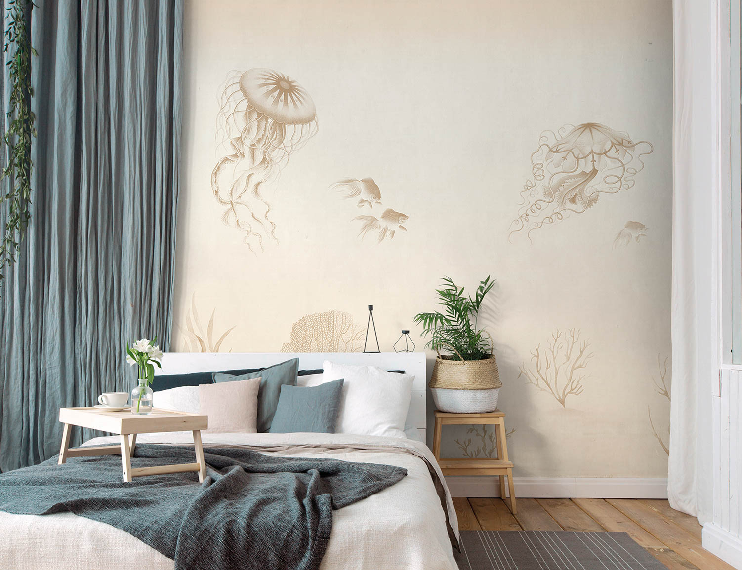 Wandbild Quallen Korallen Unterwasserwelt beige