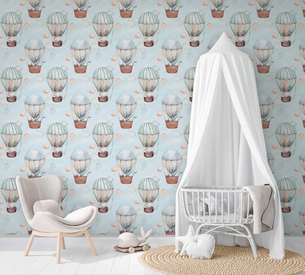 Ballons und Krokodil Hell blau und bunt Tapete Kids Walls Marburg 45863