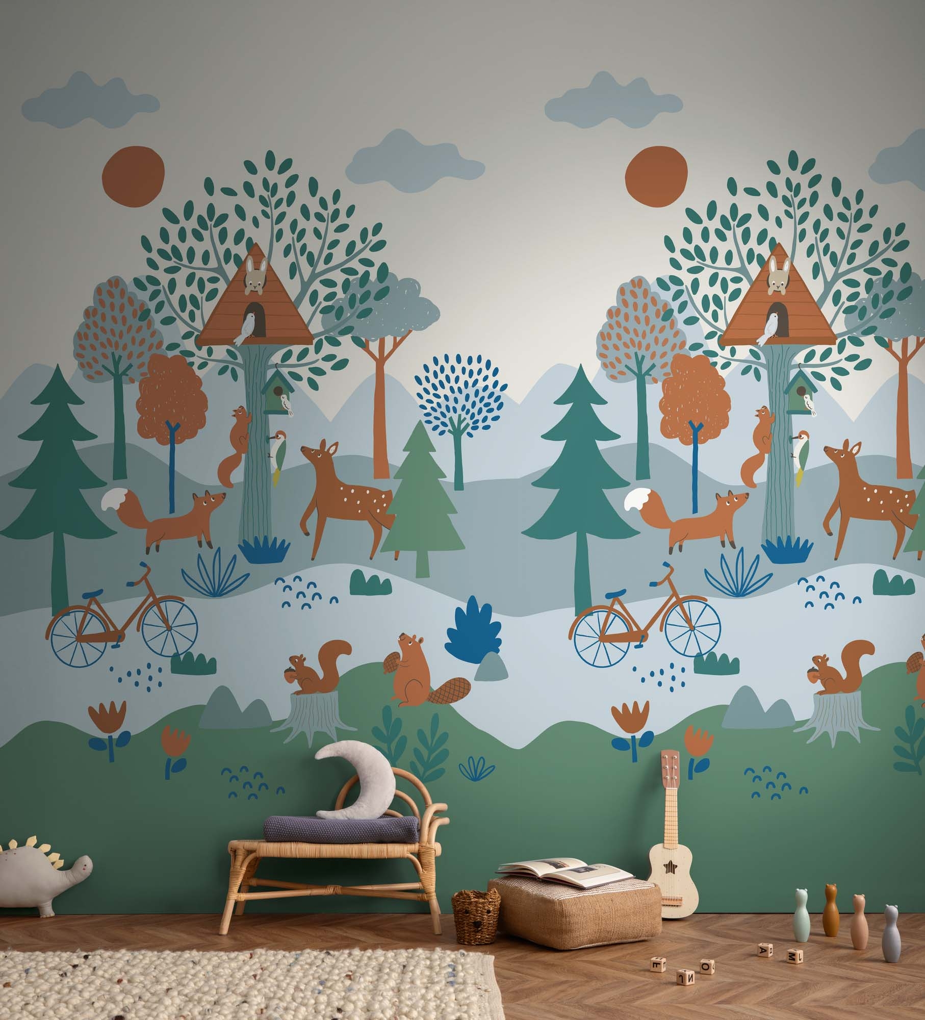 Wandbild Wald Fuchs Reh Waldtiere blau 159 x 280 cm 792882